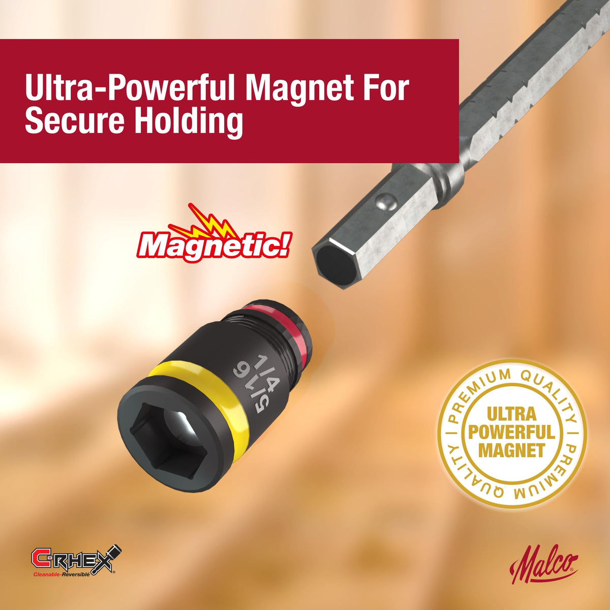 Malco 7-in-1 C-RHEX secure socket storage stays on shaft.