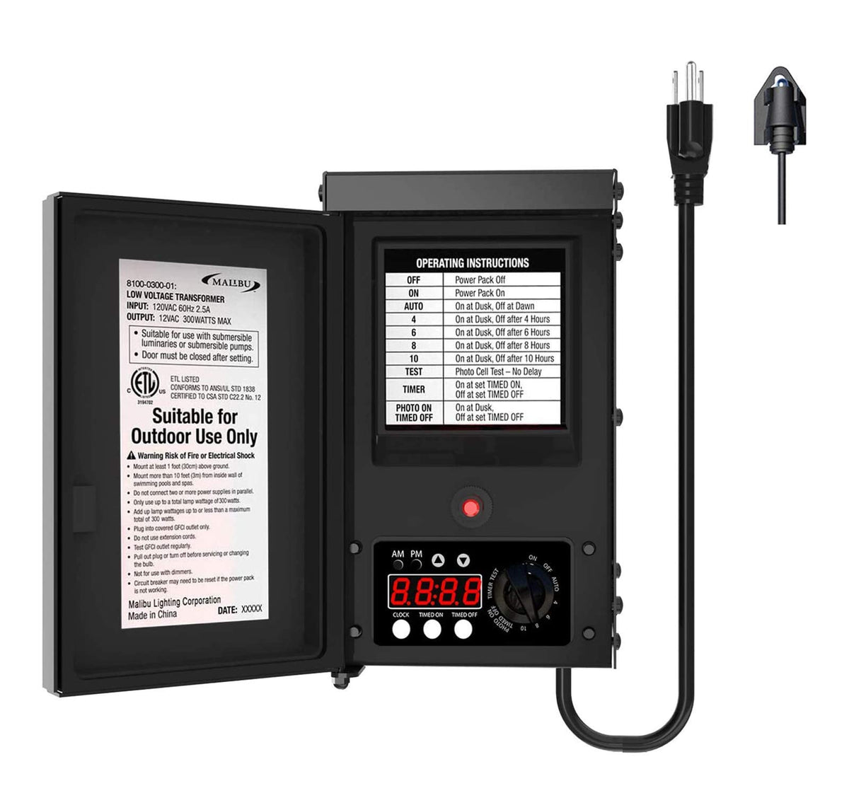Malibu C power pack with sensor close-up highlighting weatherproof outdoor use
