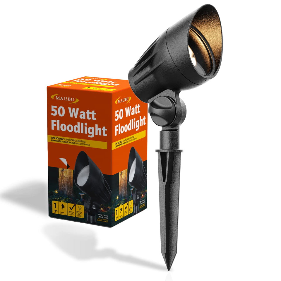 Malibu C 50W Floodlight front view highlighting landscape features with bright, even illumination
