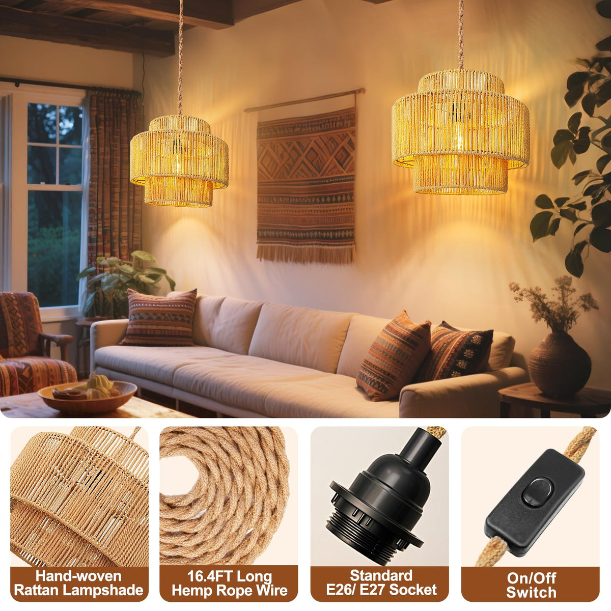 Maliralt hanging lamp in a bedroom demonstrates warm ambient light with natural rattan shade.