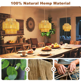 Maliralt rattan pendant light over dining table provides soft, inviting illumination.