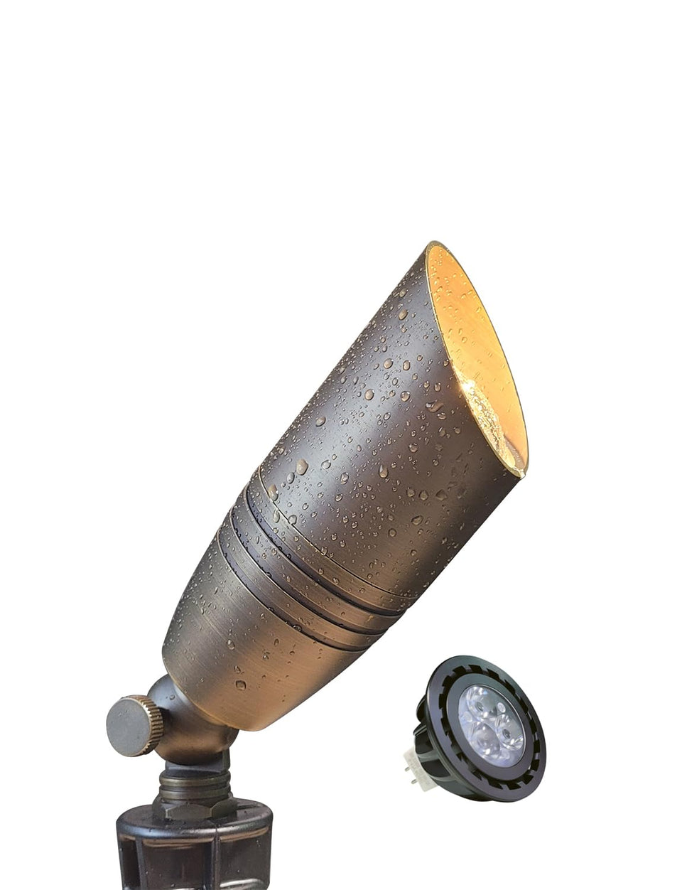 MALORY brass landscape spotlight with brass finish for durable outdoor ambiance.
