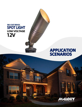 MALORY spotlight mounted on ground stake illustrating easy outdoor installation.