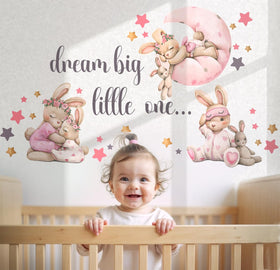 Mamarons pink bunny decal applied on wall creates a gentle focal point.