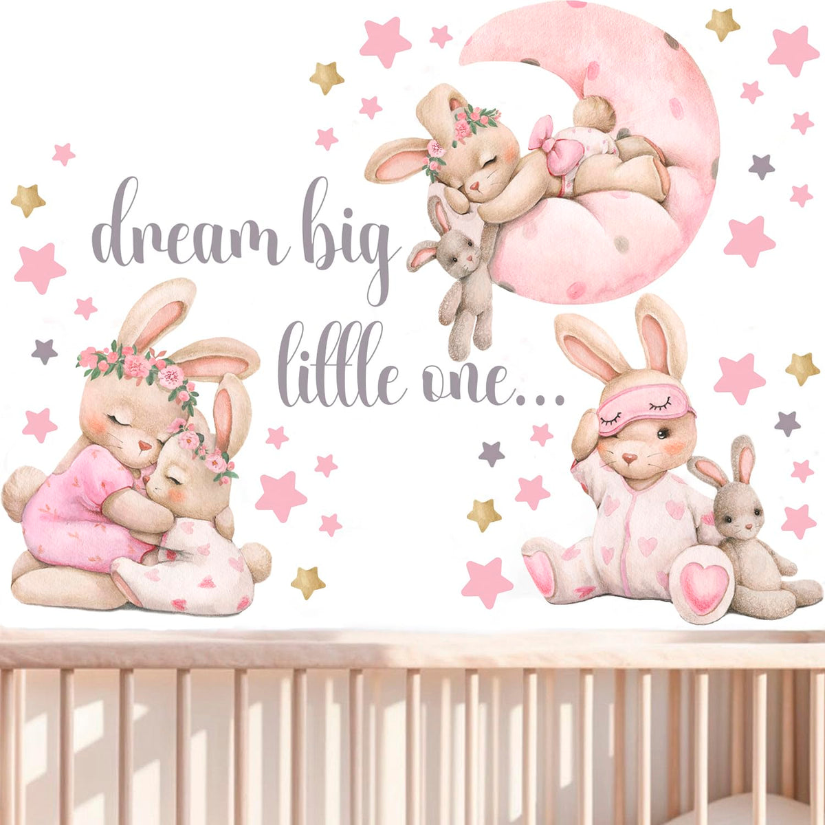 Mamarons pink bunny decal sheet adds soft charm to nursery walls.