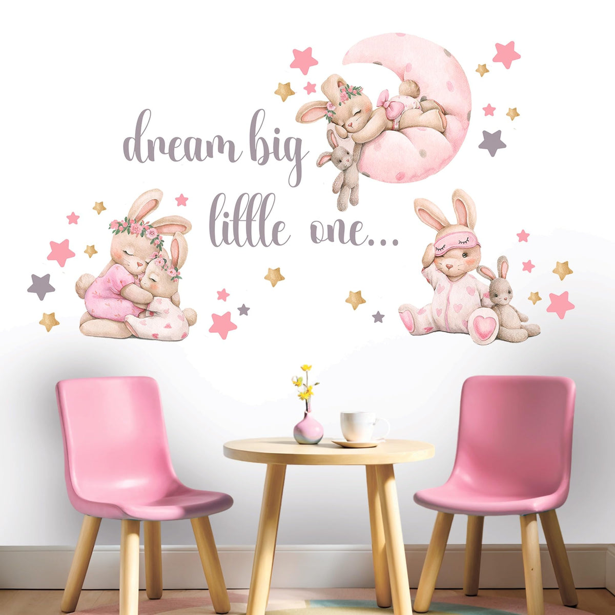 Mamarons pink bunny room decor for playroom creates gentle whimsy.