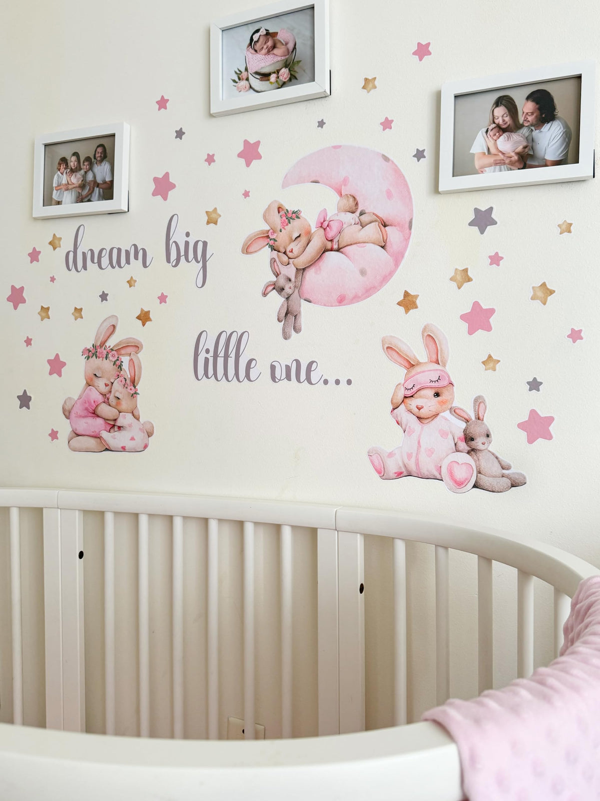 Mamarons pink bunny wall stickers pack transforms playroom into cozy space.