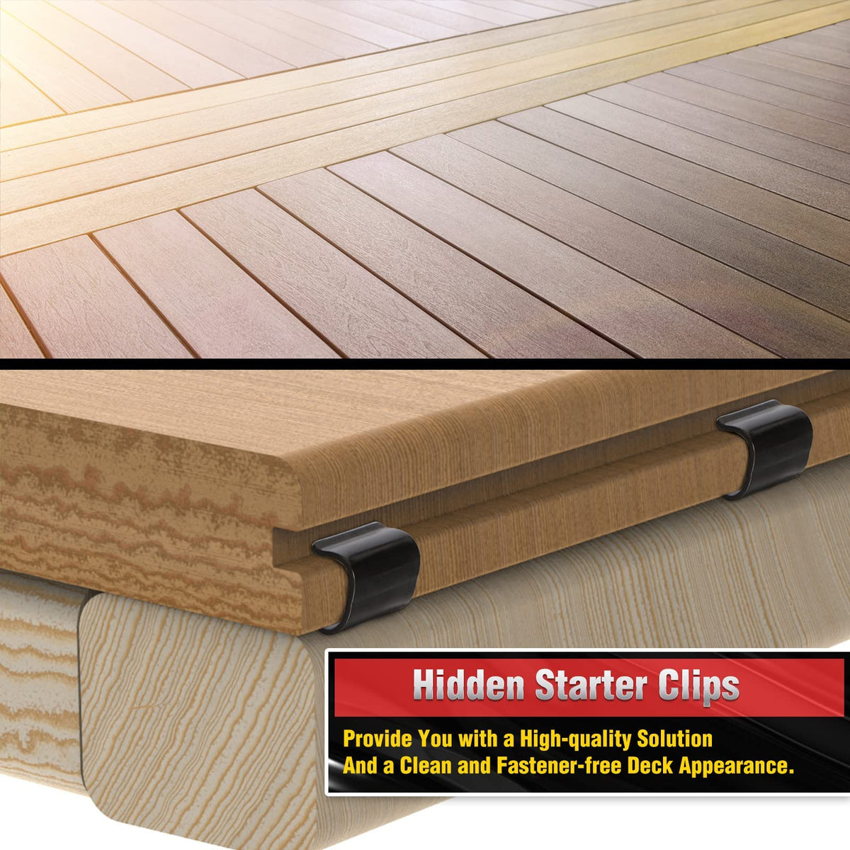 First deck board slides into ManCoda starter clips for a flush start.