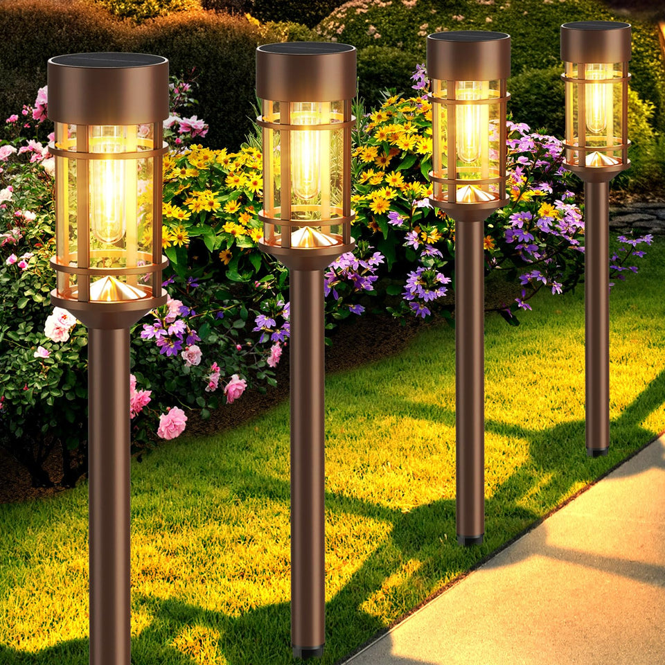 Mancra brown vintage solar lights illuminate pathways with a warm 3000K glow.