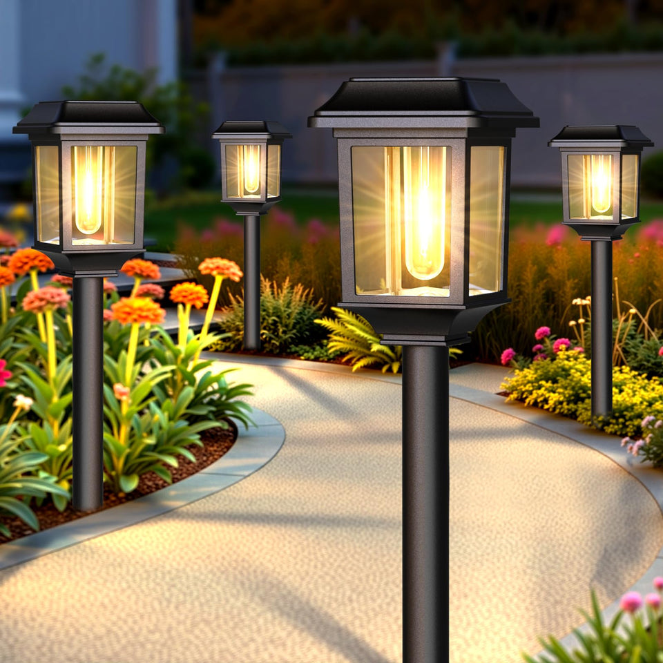 Mancra solar outdoor lights warm white pathway illuminate with soft ambient glow.