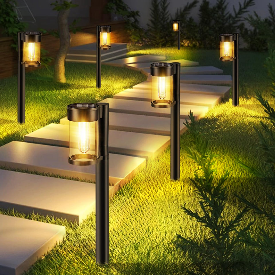 Mancra solar path light with clear glass shade for bright walkway illumination.