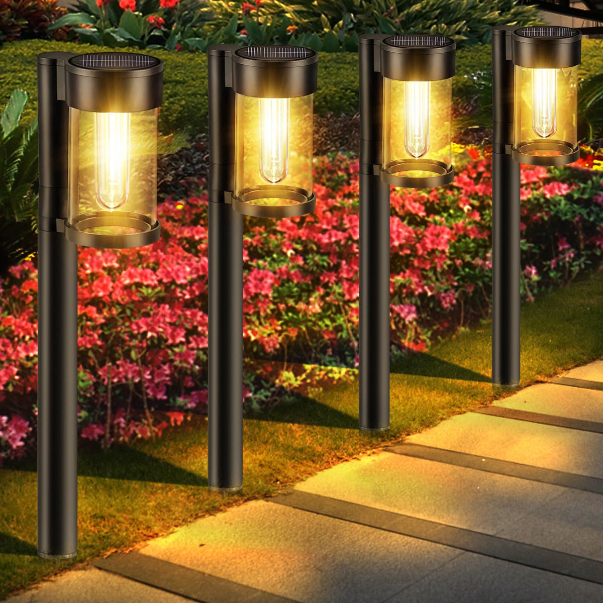 Mancra solar path light with included stakes for quick ground installation.