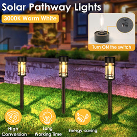 Mancra solar pathway light with dusk-to-dawn operation and glass shade.