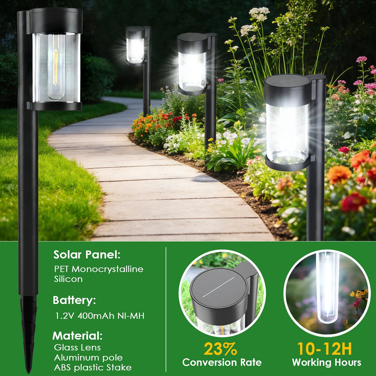 Mancra solar pathway light with glass lampshade for bright, clear illumination.