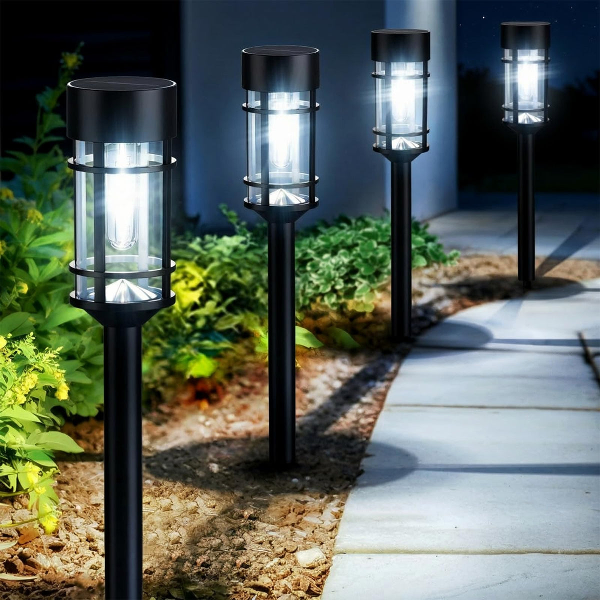 Mancra solar pathway light with glass shade provides bright, inviting glow for walkways.