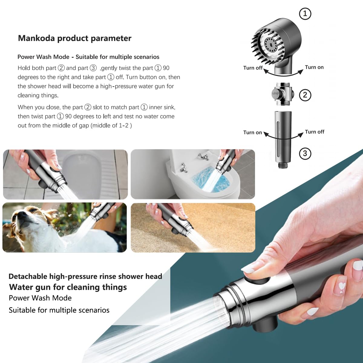 Mankoda power wash mode delivers a deep clean for tiles and grime