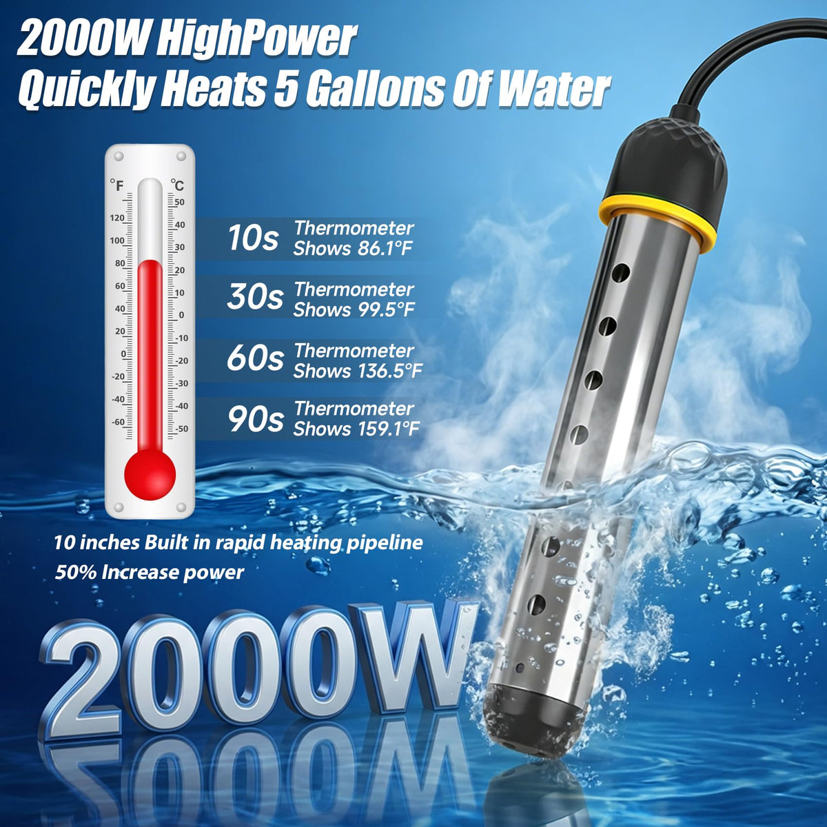Manoai immersion heater rapid heat up for pools and tubs.