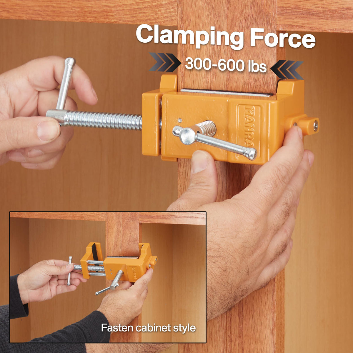 Manram cabinet clamp drill guide integrated, allows pilot holes without repositioning.