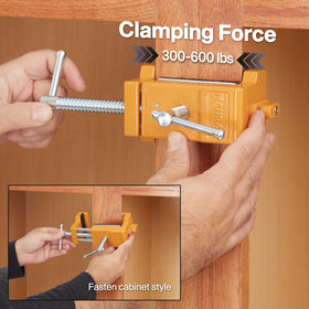 Manram cabinet clamp drill guide integrated, allows pilot holes without repositioning.