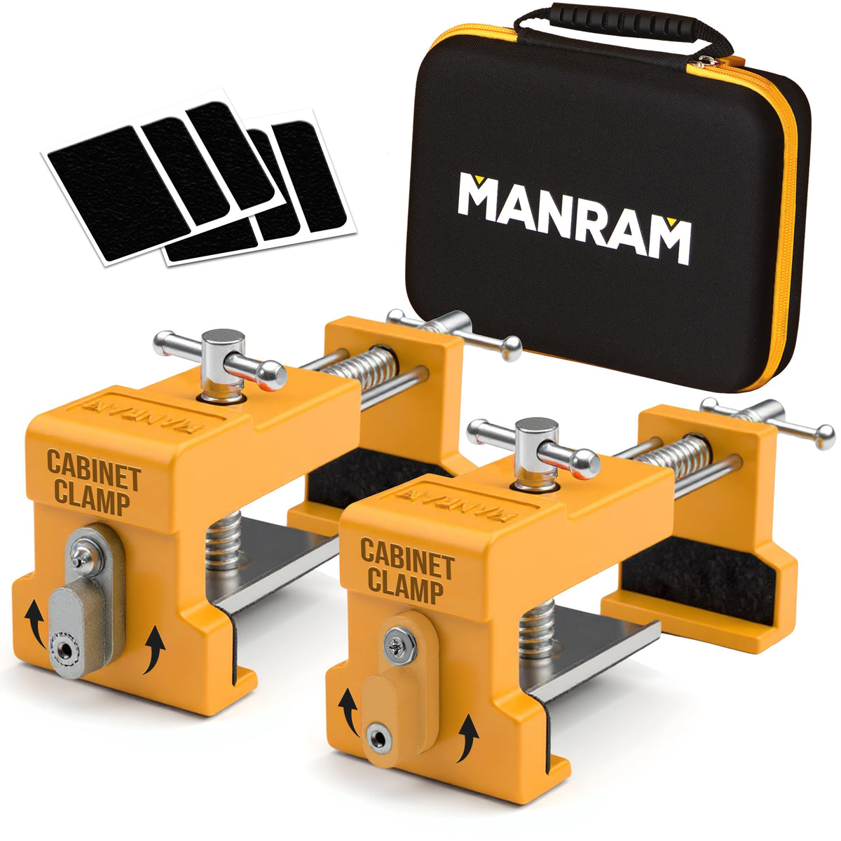 Manram premium cabinet clamps 2-pack in protective case for secure, precise installation.