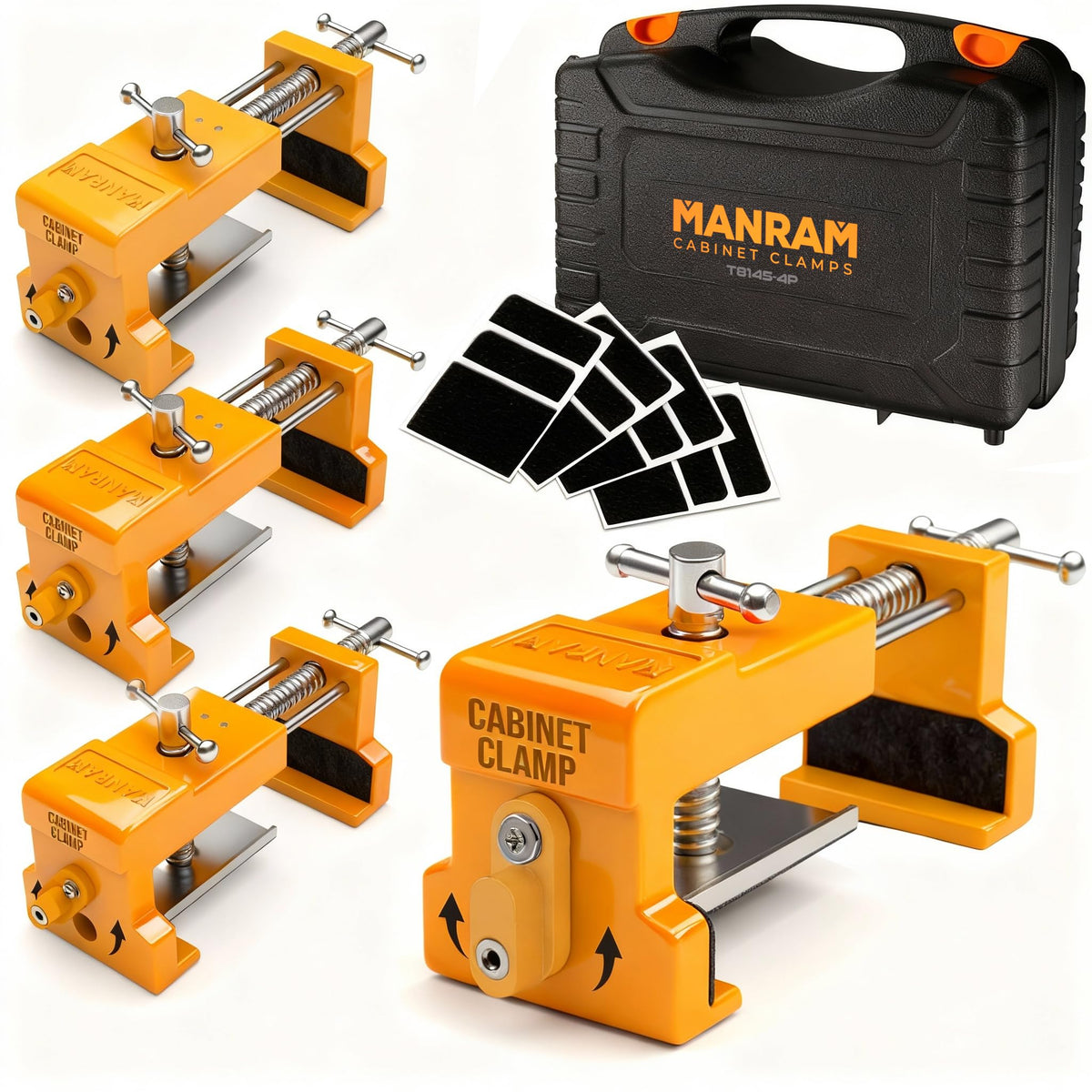 Manram Premium cabinet clamps 4-pack in case enhance quick, precise cabinet installations.