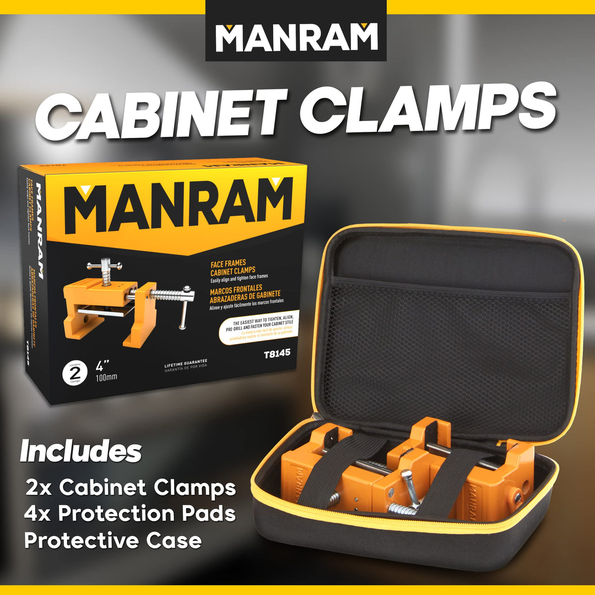 Manram storage case keeps clamps and pads organized for quick project prep.
