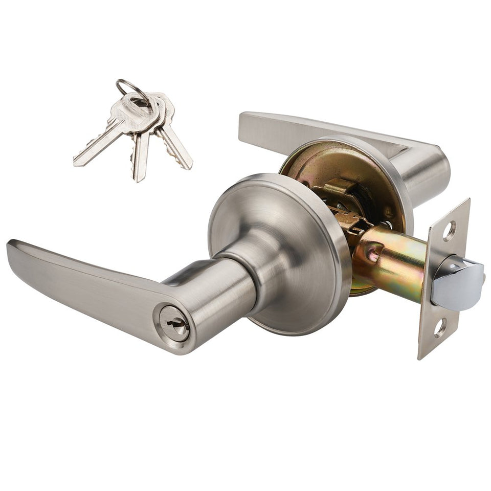 MANREN MR802ET lever keyed entry unit shown in brushed nickel finish for secure front door access.