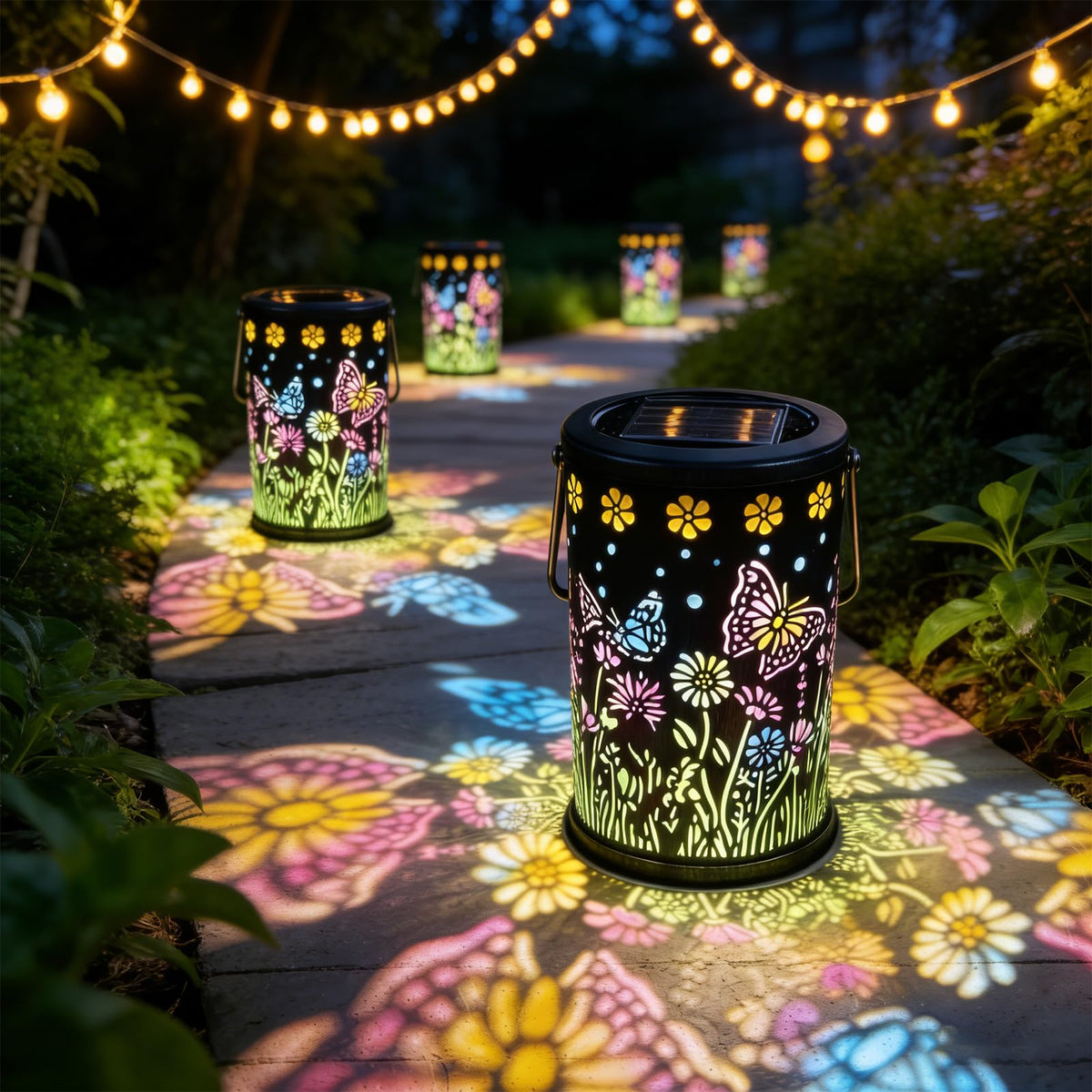 Mantunt solar lantern creates cozy backyard accents near seating areas.