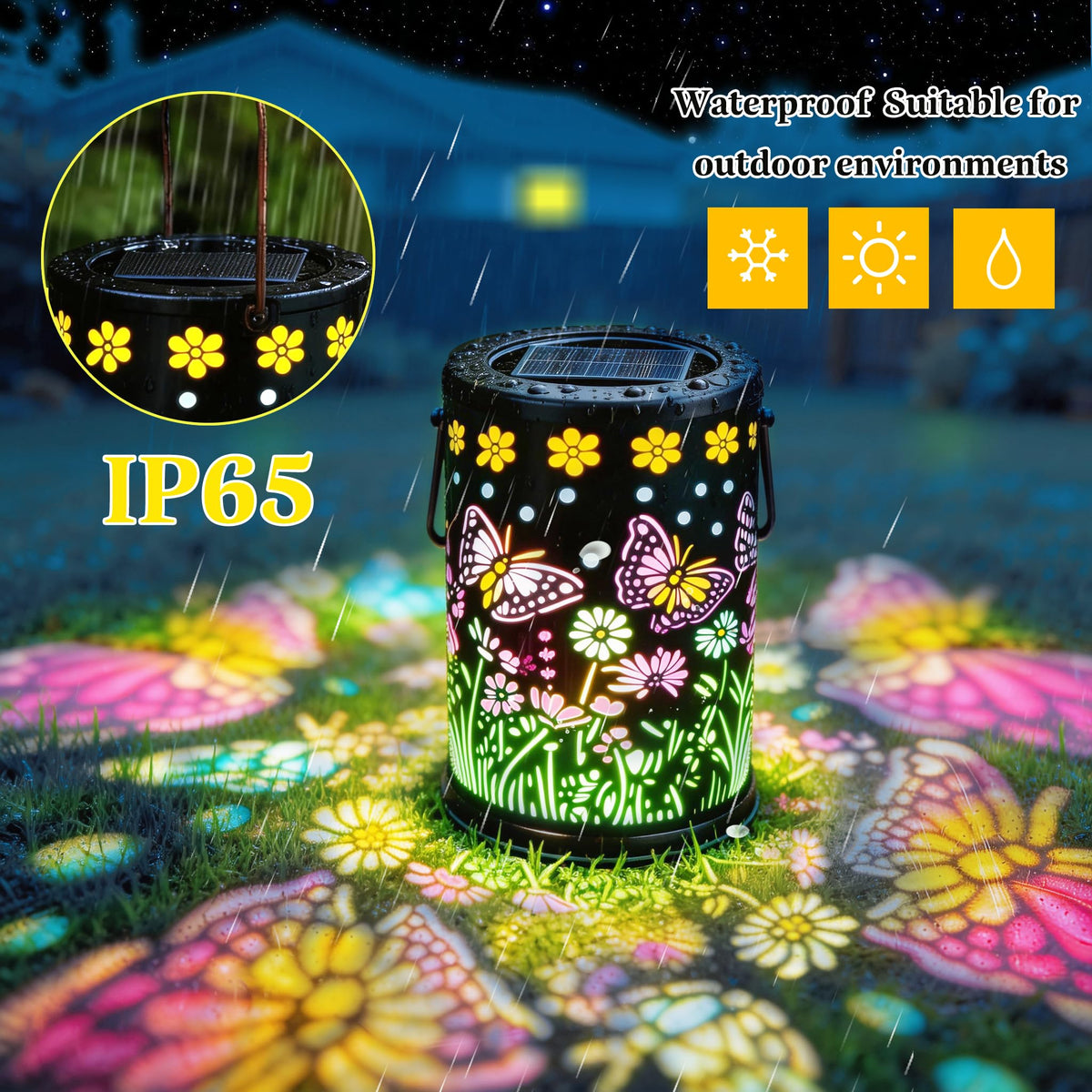 Mantunt butterfly design enhances nighttime ambiance along walkways.