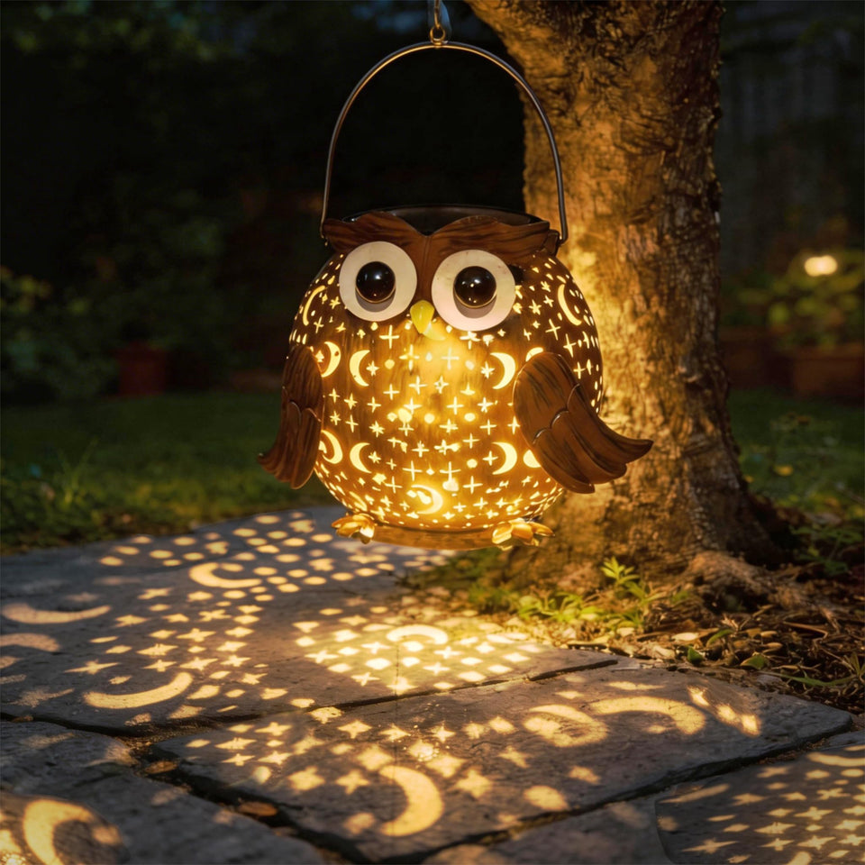 Mantunt solar owl lantern hanging for warm garden evenings.