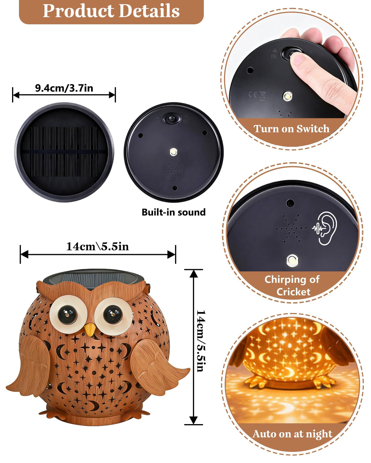 Mantunt solar owl lantern emits a gentle warm glow at dusk.