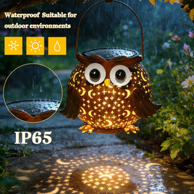 Mantunt solar owl lantern brightening a yard path and entryway.