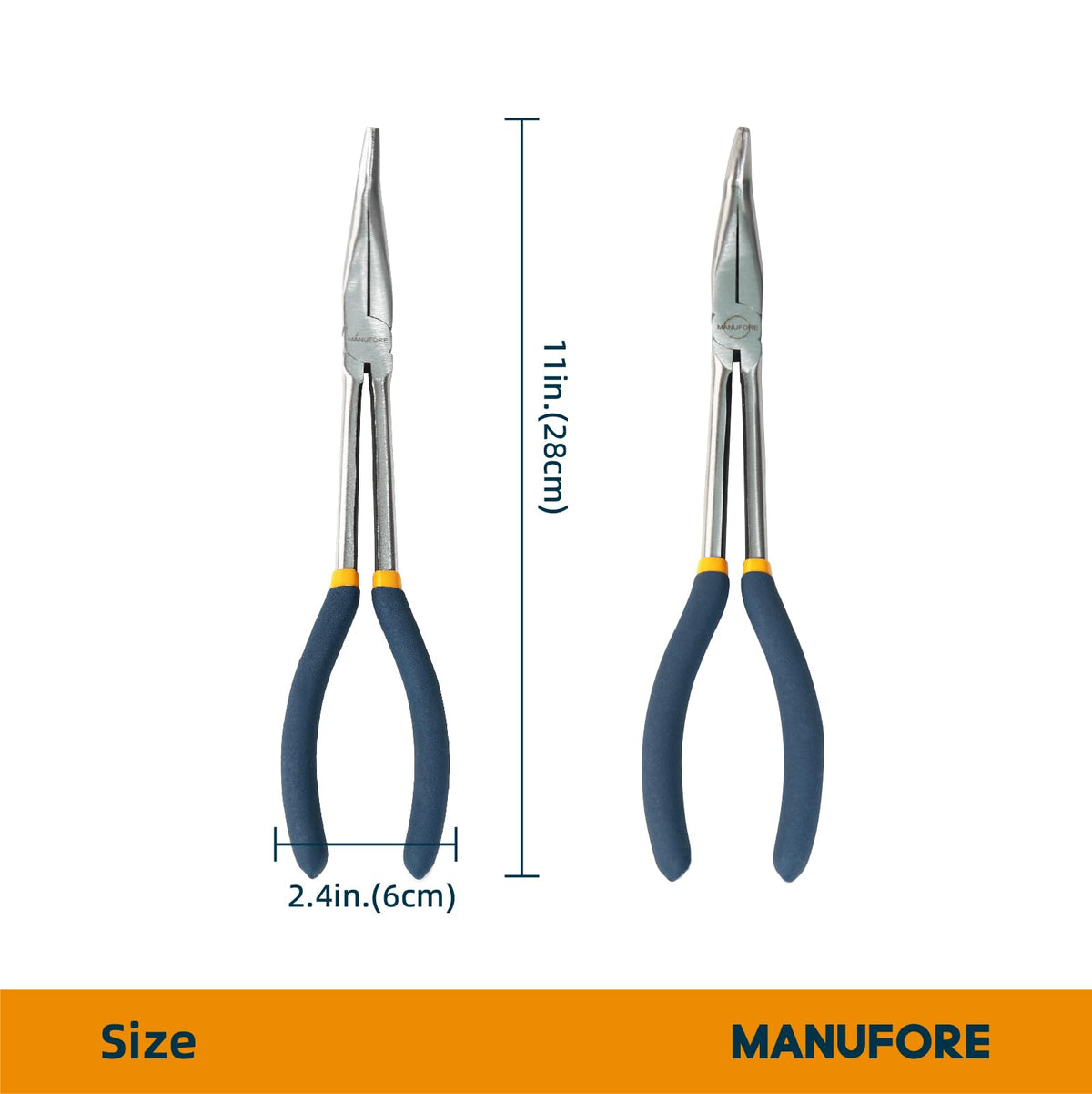 MANUFORE 11-in needle nose pliers with 45-degree bent head for angled components.