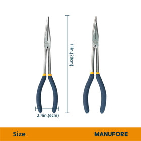 MANUFORE 11-in needle nose pliers with 45-degree bent head for angled components.