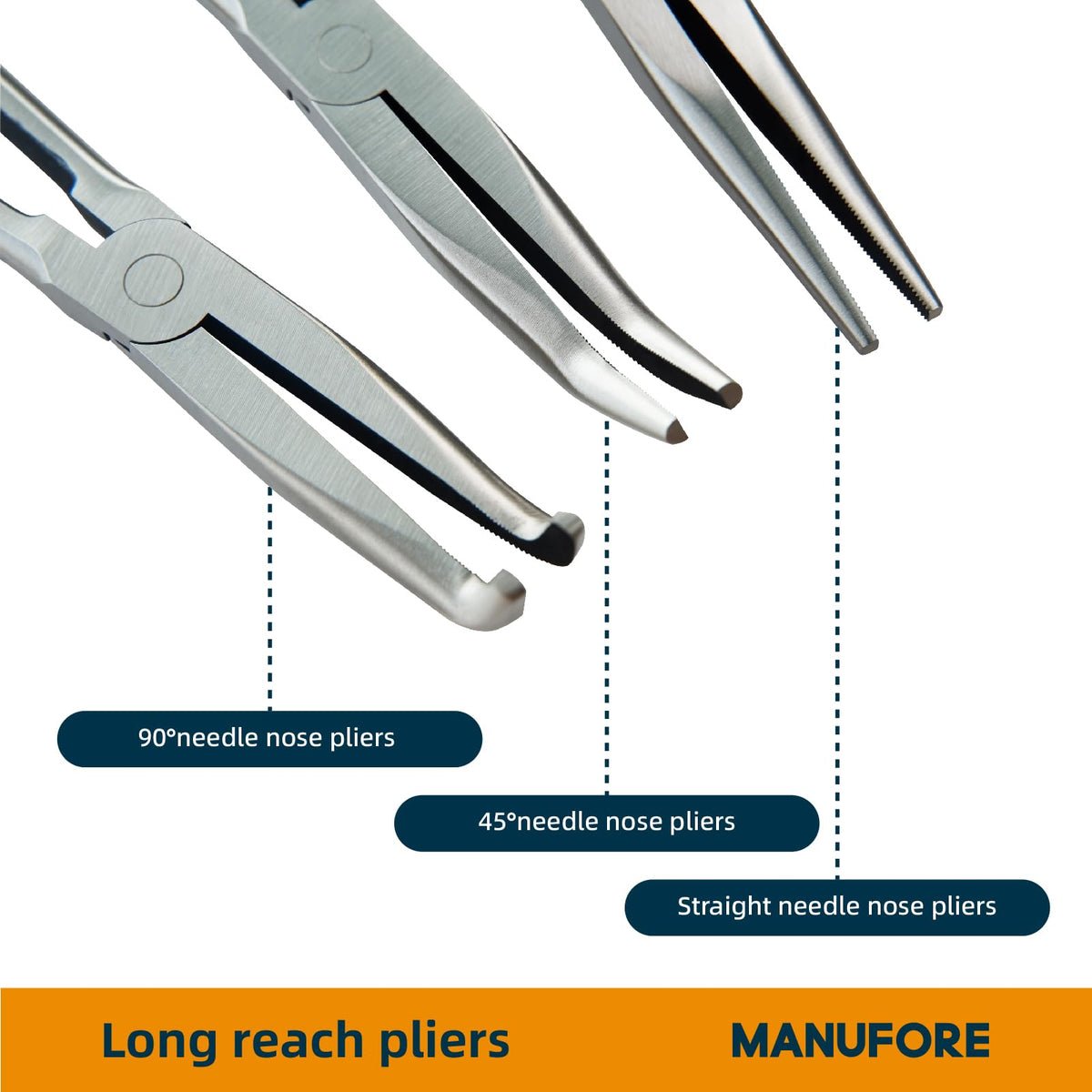 MANUFORE 11-in needle nose pliers with 90-degree bent head for reach under panels.