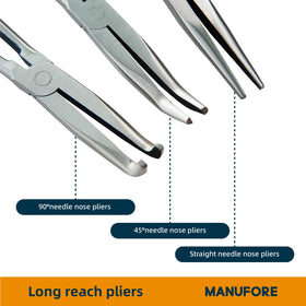 MANUFORE 11-in needle nose pliers with 90-degree bent head for reach under panels.