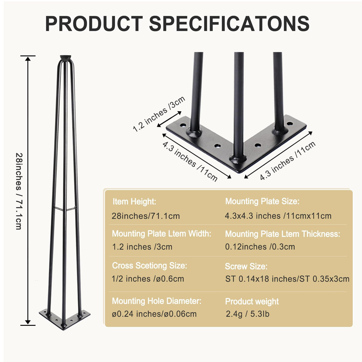 ManyiHome carbon steel black legs with industrial style and strong support.
