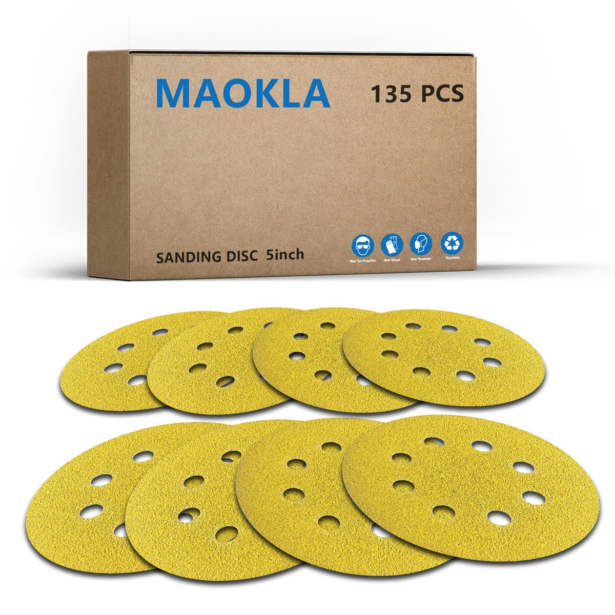 MAOKLA 135pcs 5-inch sanding discs pack with 8-hole design for efficient dust removal.