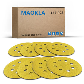 MAOKLA 135pcs 5-inch sanding discs pack with 8-hole design for efficient dust removal.