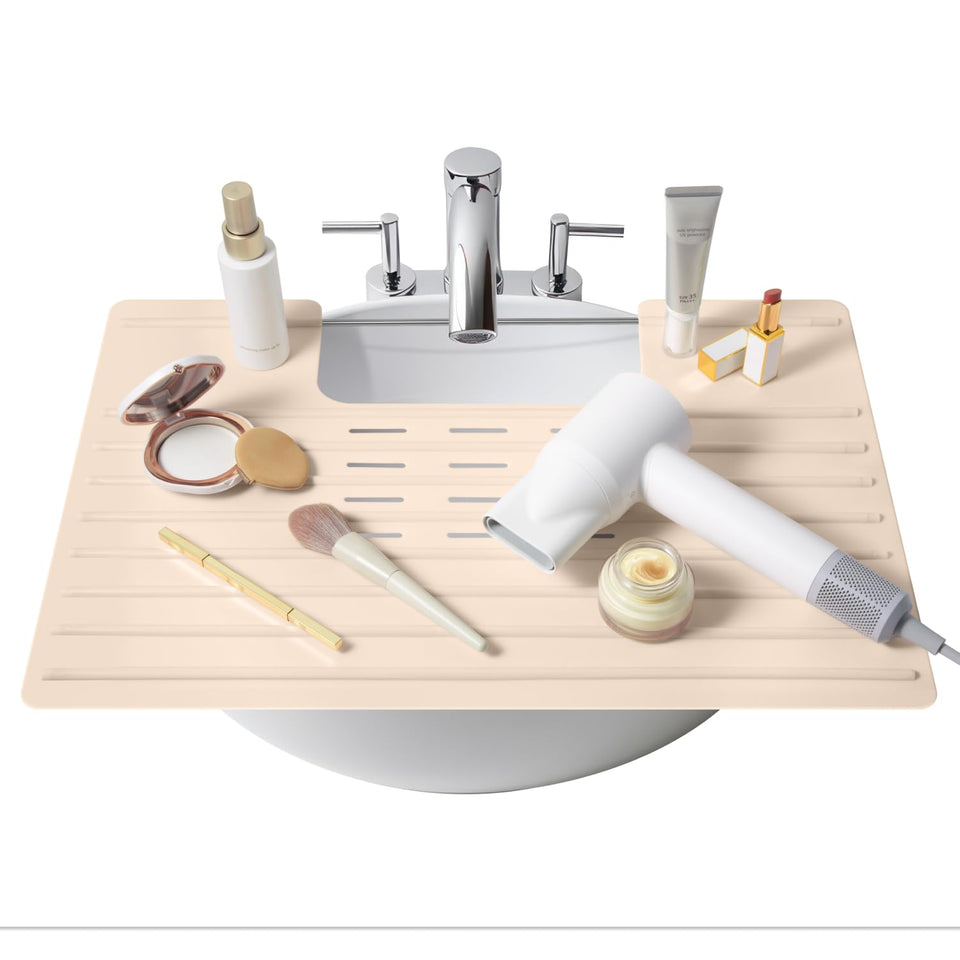 Maplefield bathroom sink cover enhances counter-space organization for daily beauty routines.