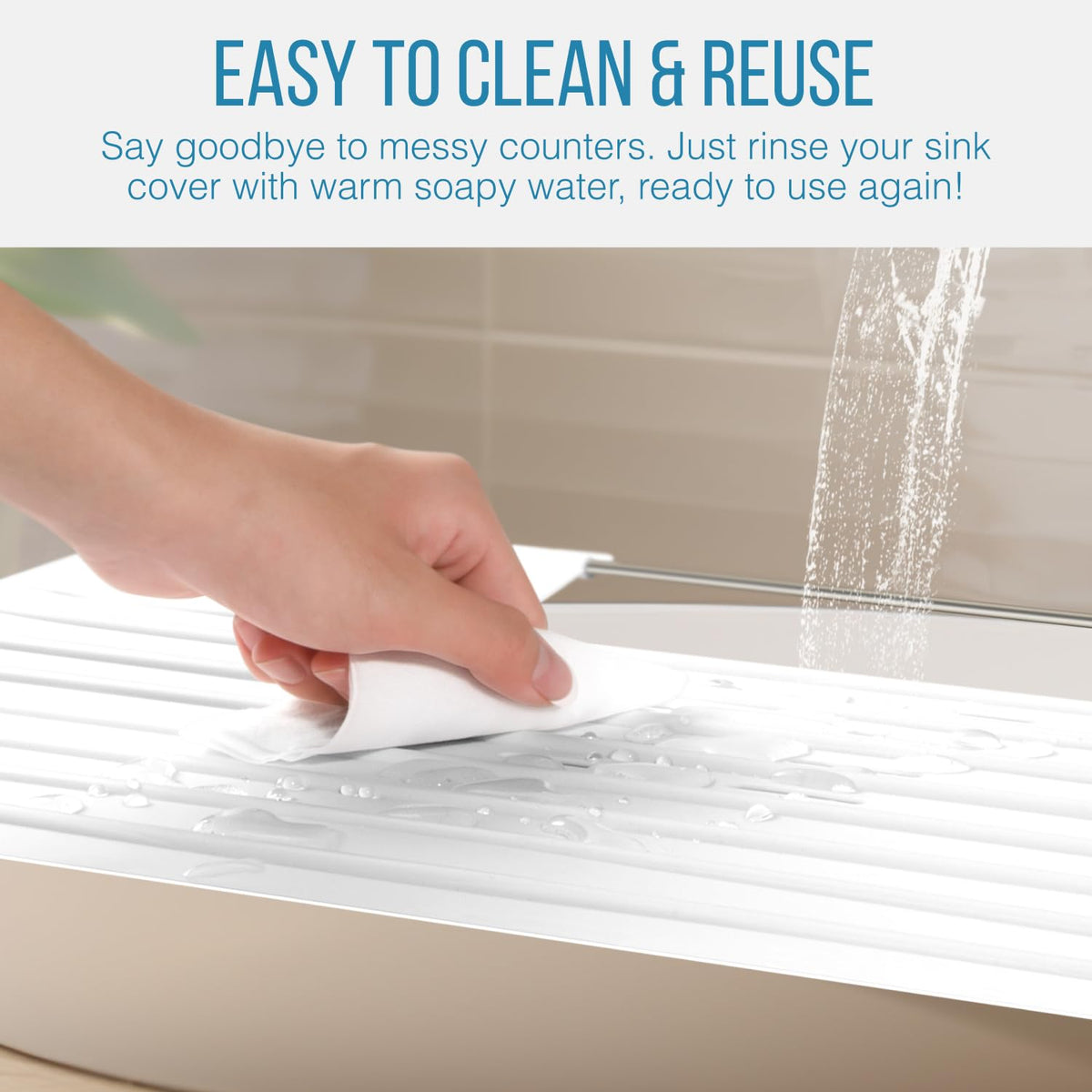 Maplefield mat provides faucet access while organizing vanity tasks.