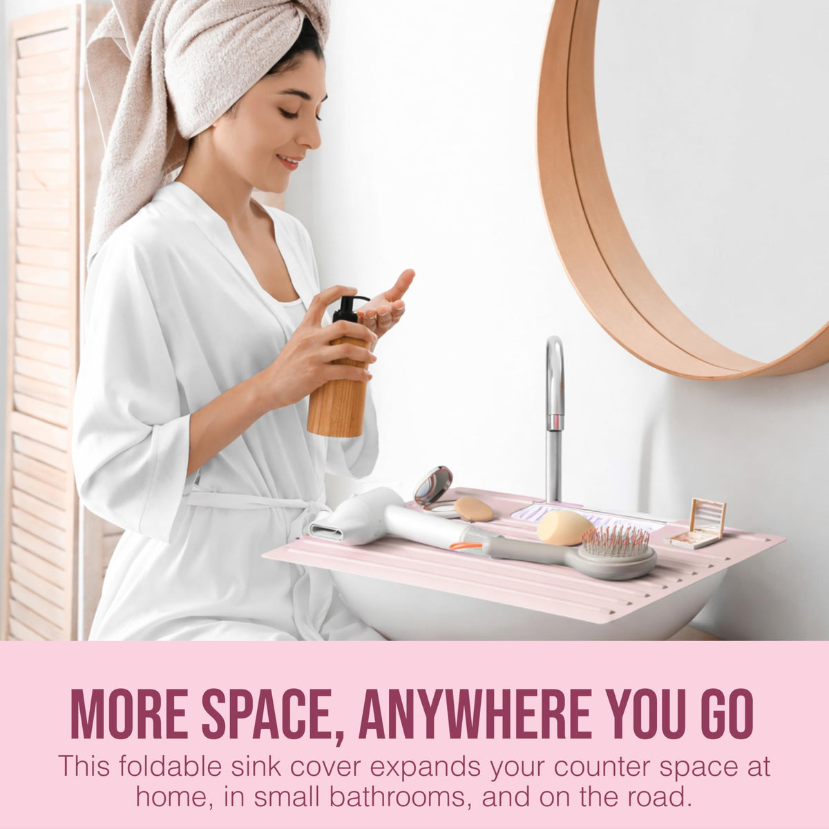 Maplefield extra counter-space makeup mat keeps brushes organized on the vanity.
