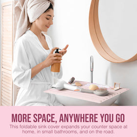 Maplefield extra counter-space makeup mat keeps brushes organized on the vanity.