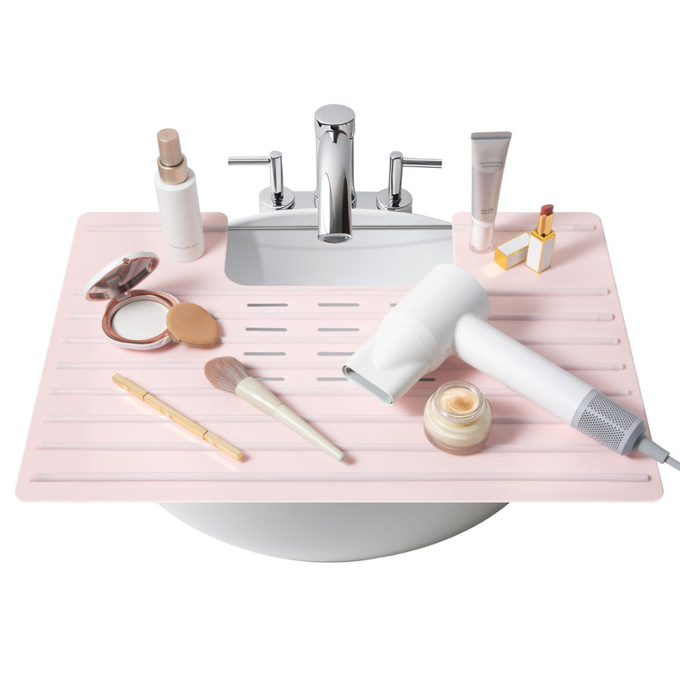 Maplefield foldable silicone sink cover rose pink adds extra counter space for cosmetics.