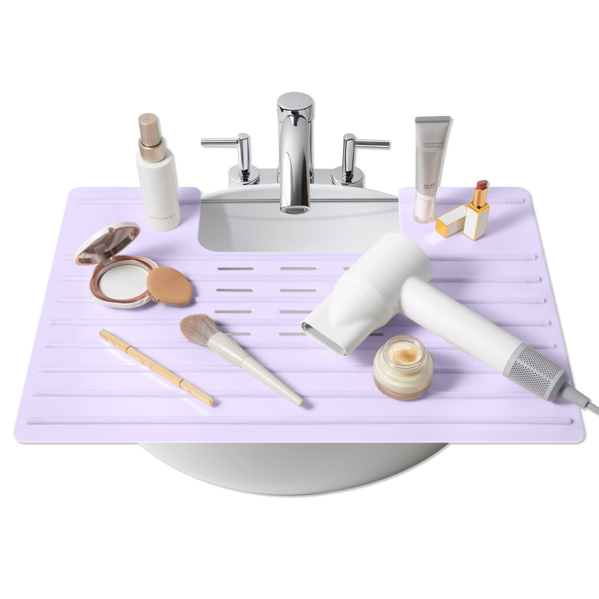 Maplefield Lavender Foldable Sink Cover creates extra counter space for cosmetics.
