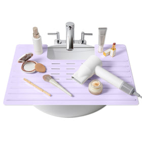 Maplefield Lavender Foldable Sink Cover creates extra counter space for cosmetics.