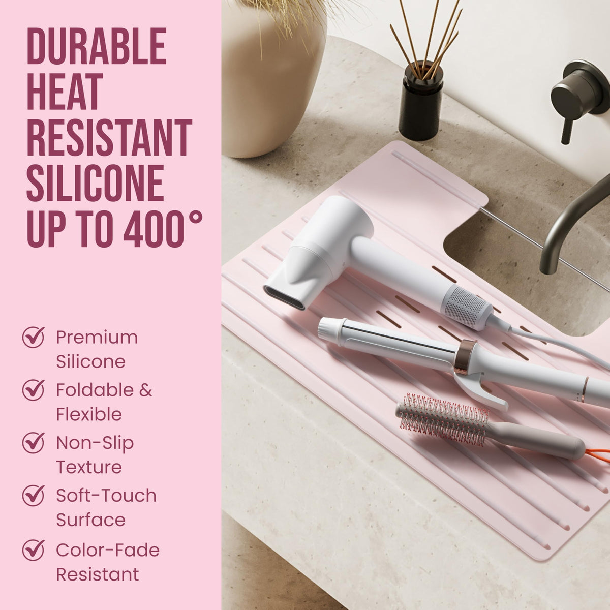 Maplefield rose-pink silicone mat protects surfaces during makeup routines.