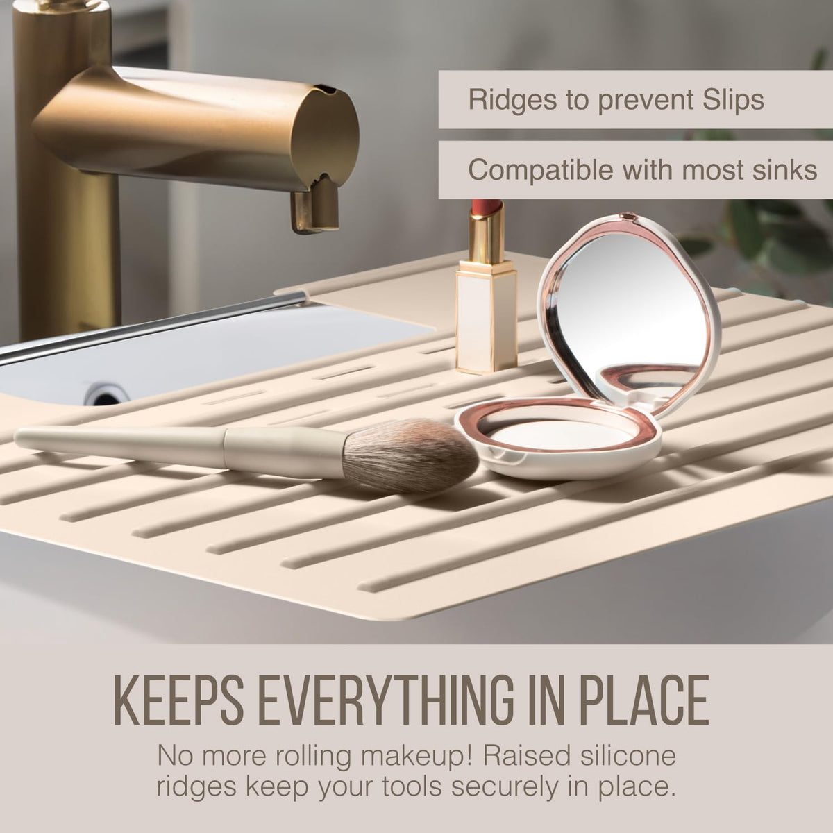 Maplefield beige silicone surface-protector helps maintain clear counters after styling.