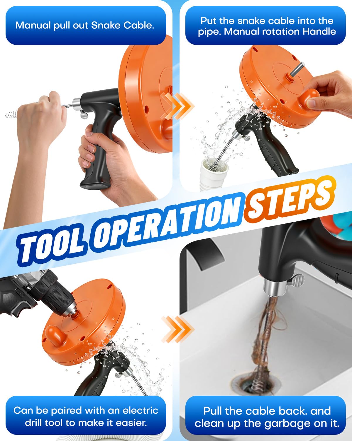 Maraiss drain auger setup guide showing manual and electric operation.