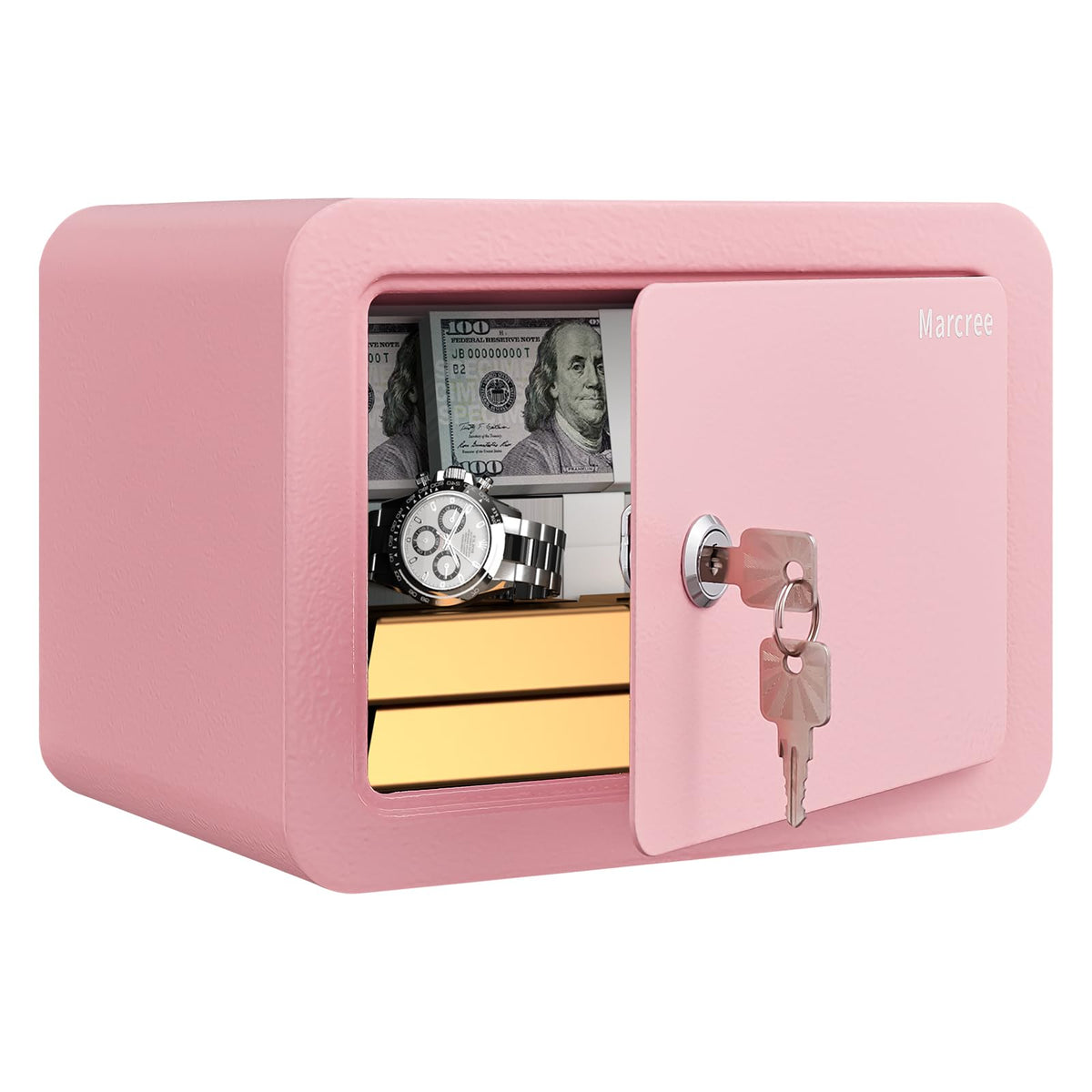 Marcree pink safe front view, compact design for discreet home storage of valuables